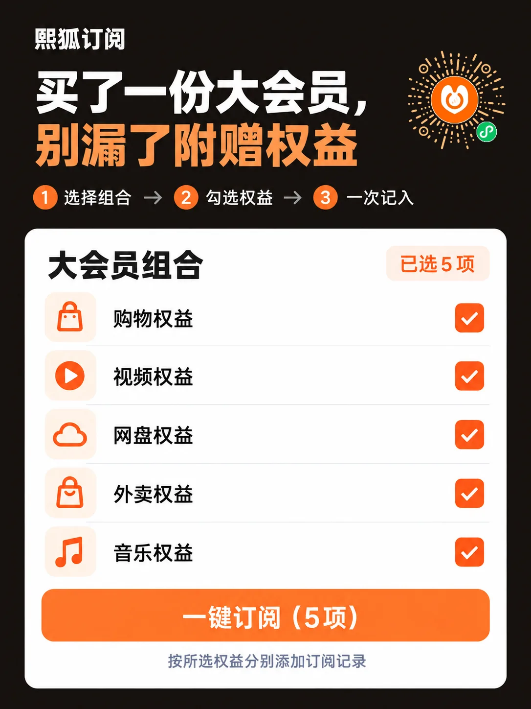 选择组合权益并分别建立记录